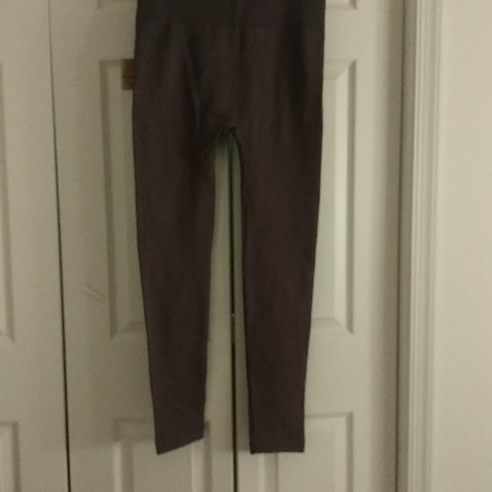 Grey and burgundy leggings.